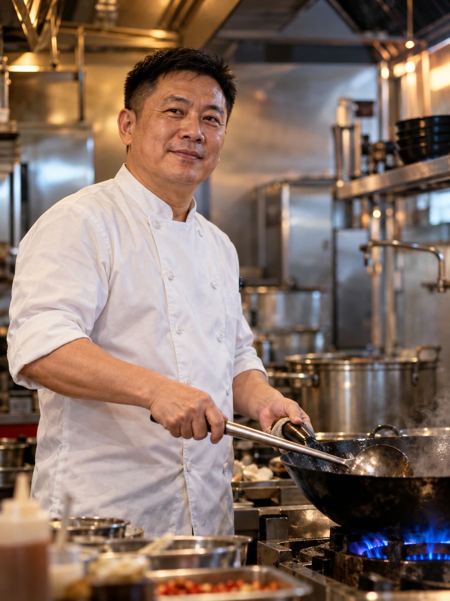A chef in a white jacket at the wok station, holding a ladle