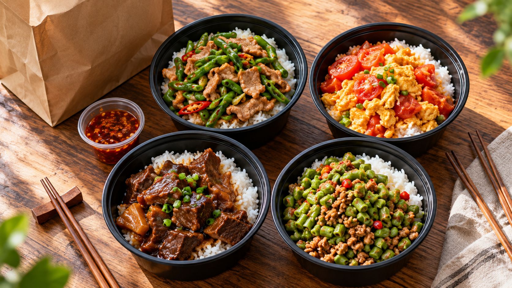 Hunan rice bowls in takeaway containers beside a paper delivery bag