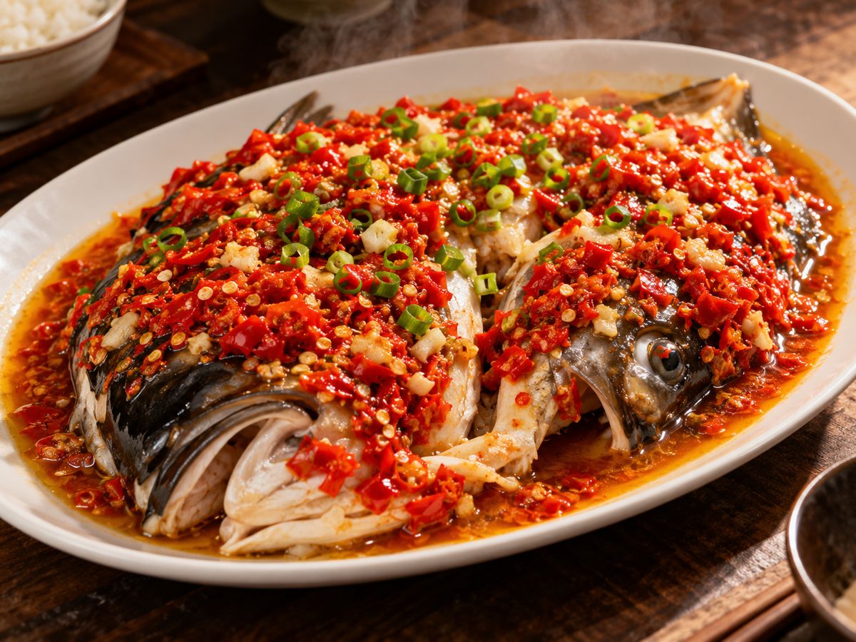 Hunan chopped-chilli steamed fish head on an oval platter