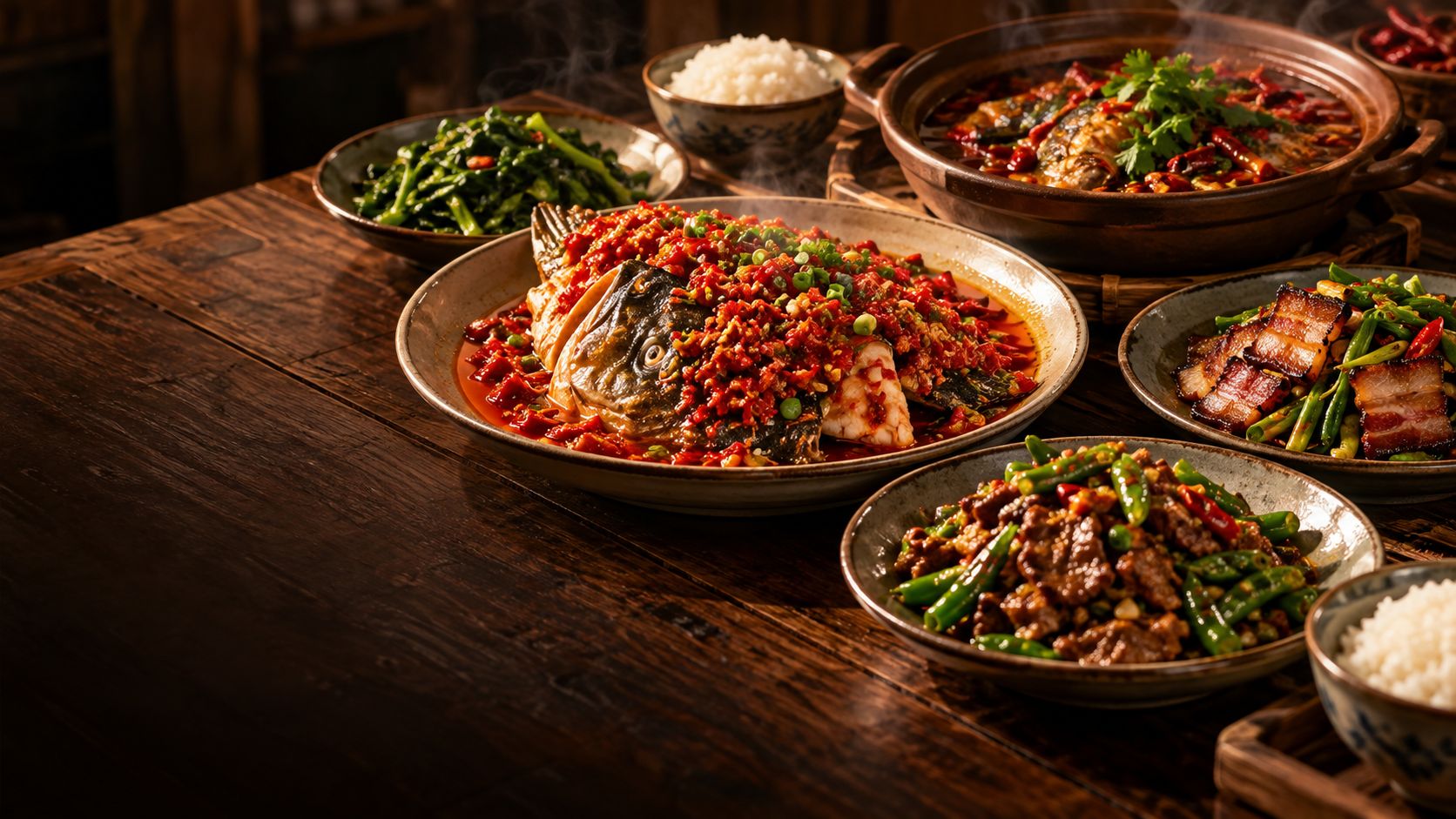 A spread of Xiangxi dishes on a dark wooden table: chopped-chilli fish head, stir-fried beef with green chillies and smoked pork