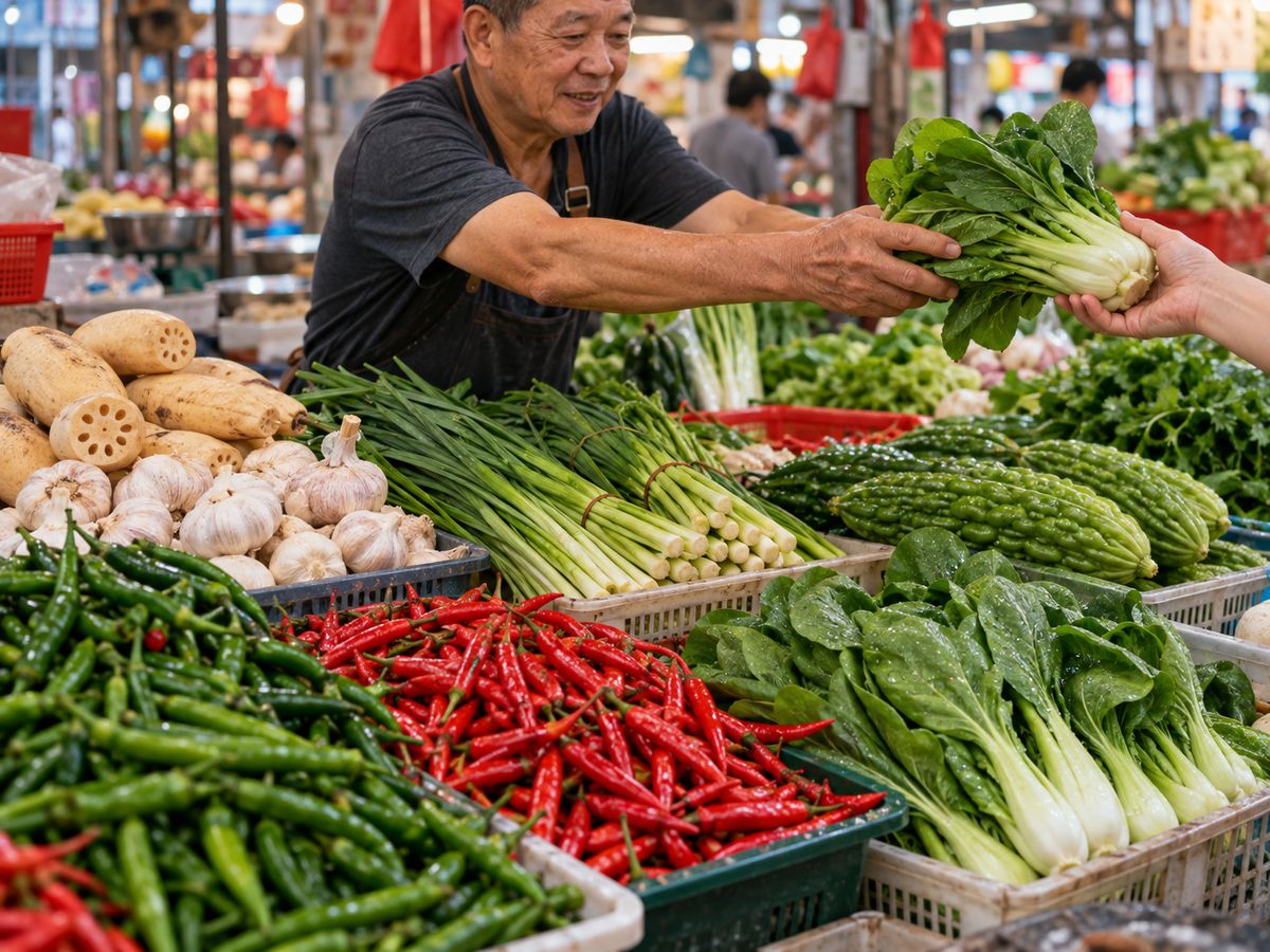 Fresh chillies, greens and lotus root at a morning market