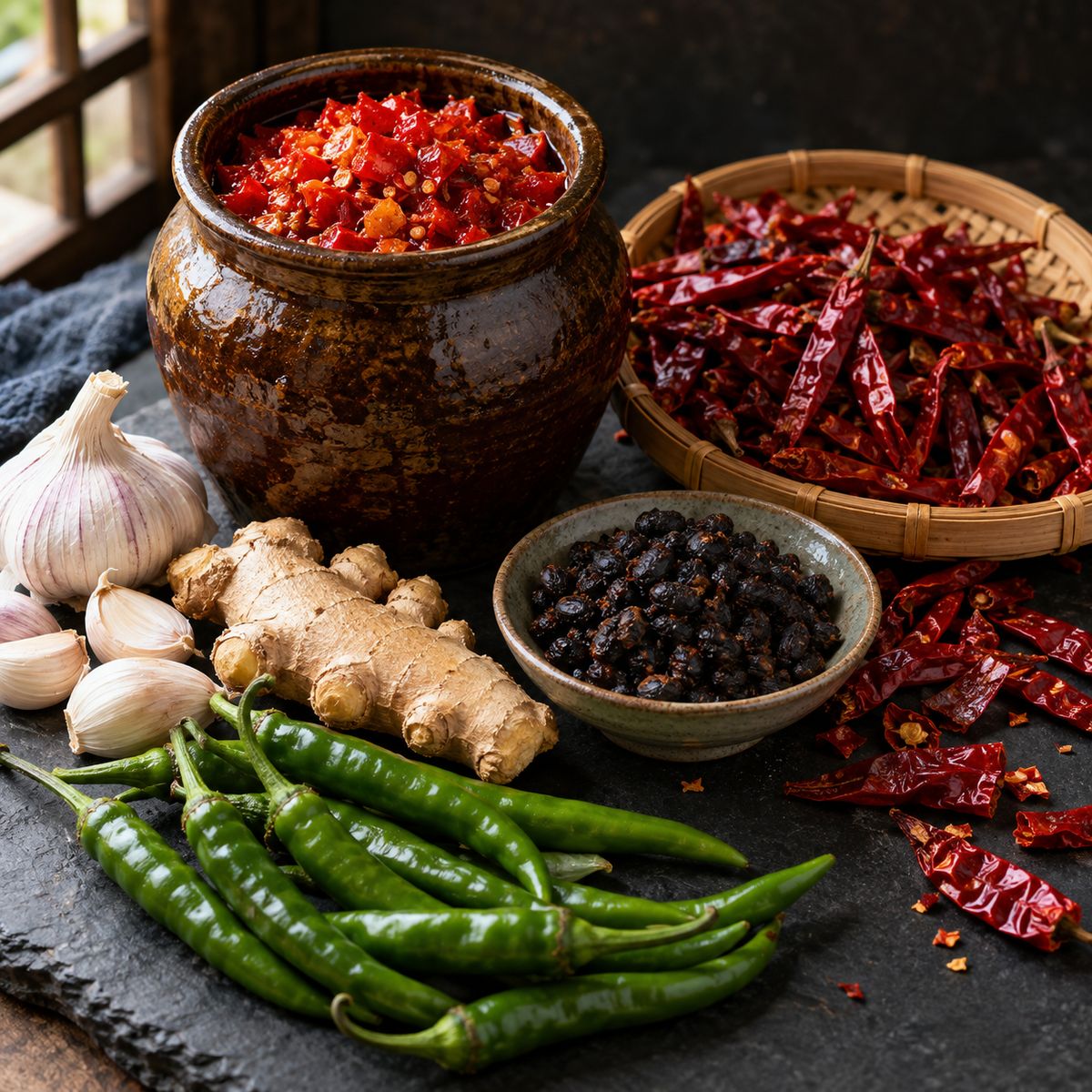 Hunan kitchen staples: a clay jar of chopped salted chillies, dried chillies, fermented black beans, garlic and ginger