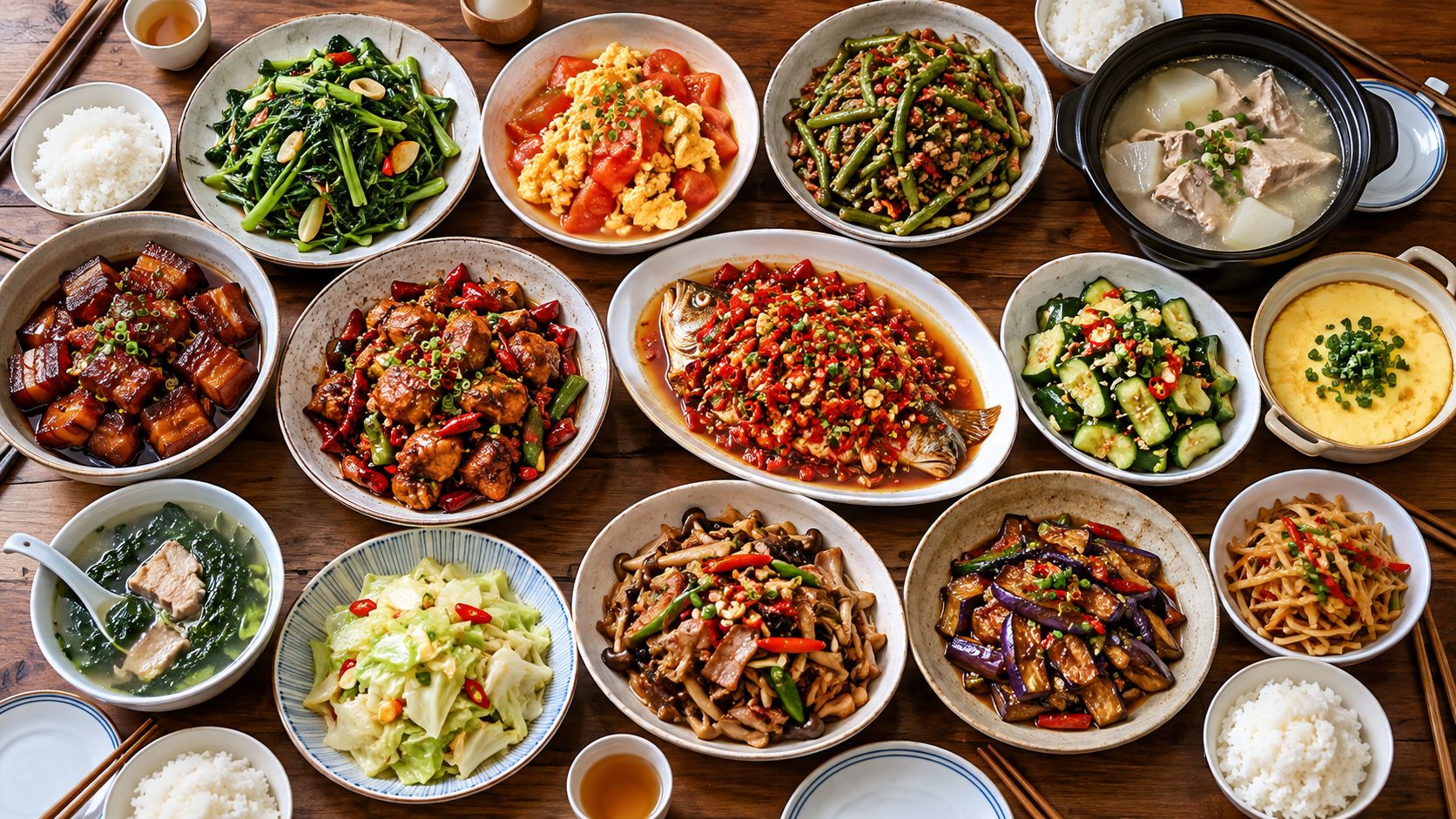 A long table of Hunan home-style dishes and rice bowls seen from above