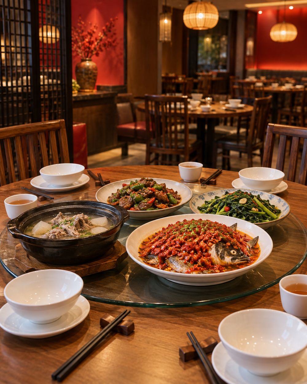 A round table with a lazy susan set with Hunan dishes and Chinese tea