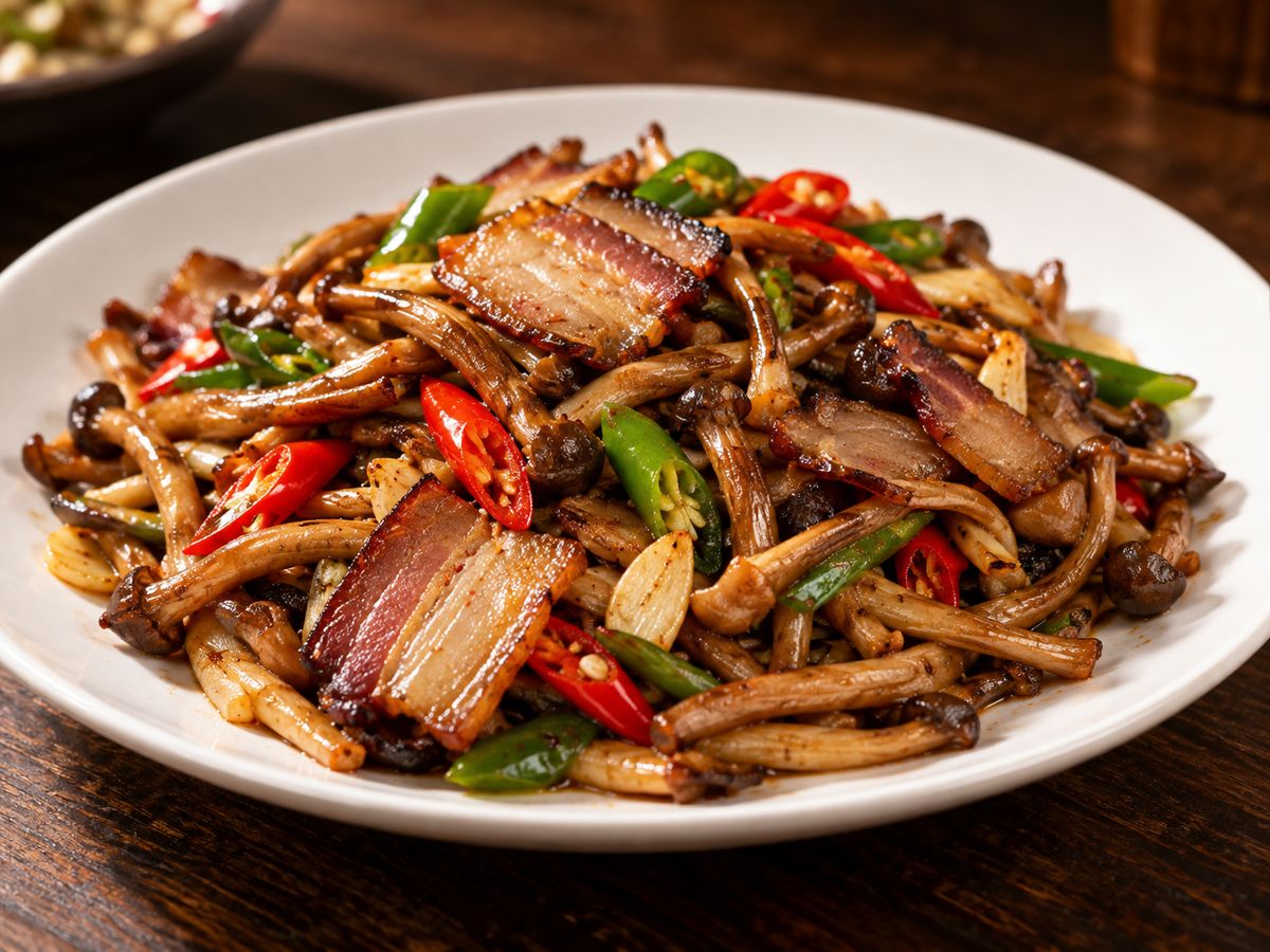 Tea tree mushrooms stir-fried with smoked pork