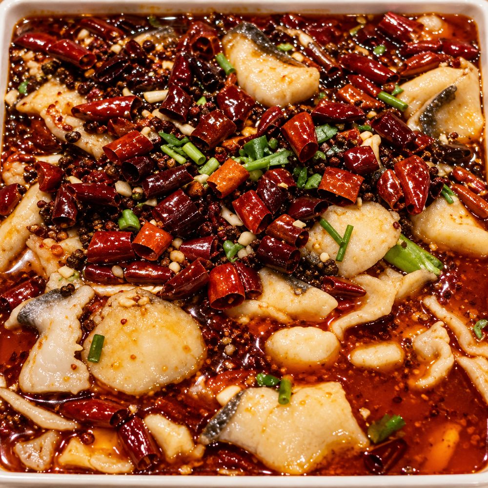 Spicy Perfume Fish: fish slices in chilli oil with dried chillies