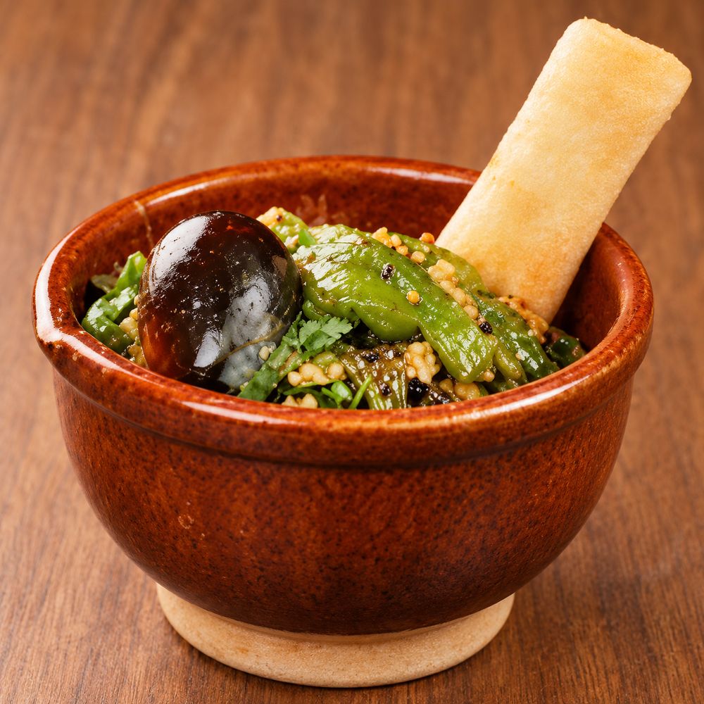 Roasted Chilli with Preserved Egg in a clay mortar