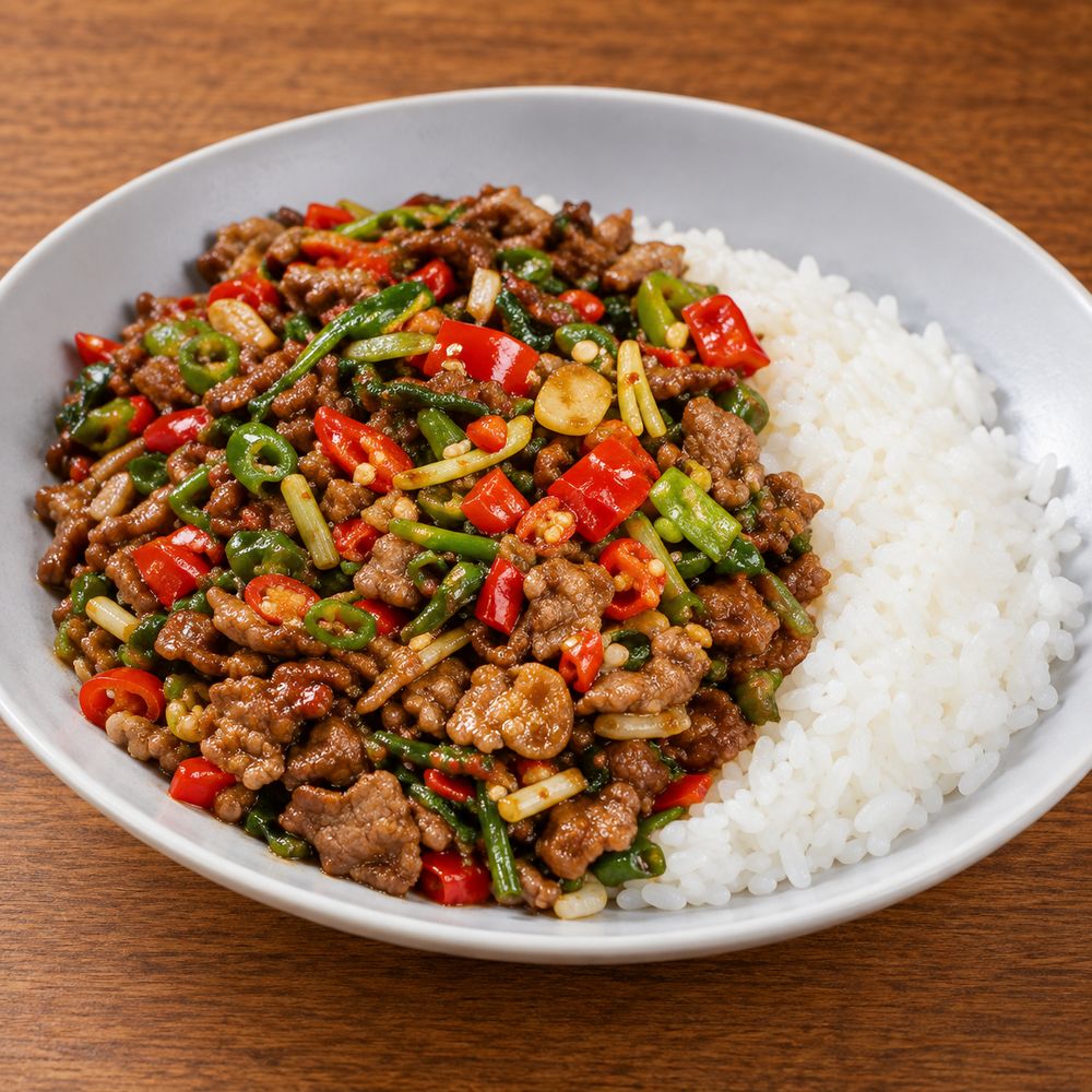 Stir-fried beef with chillies straight from the wok